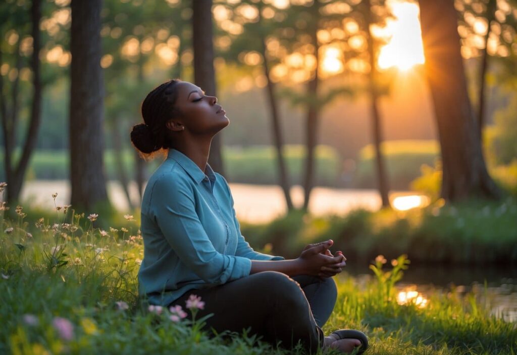 Pessoa sentada ao ar livre durante o nascer do sol, em um ambiente natural tranquilo, com expressão serena e contemplativa.