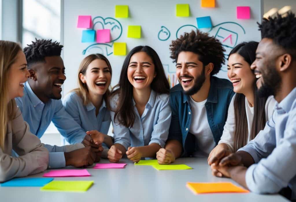 Grupo de jovens profissionais sorrindo e rindo juntos em uma sala de reunião moderna.