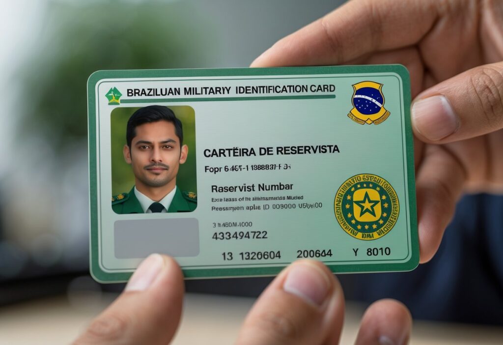 Pessoa segurando uma carteira de reservista brasileira em close-up, com o cartão em foco e o fundo desfocado.