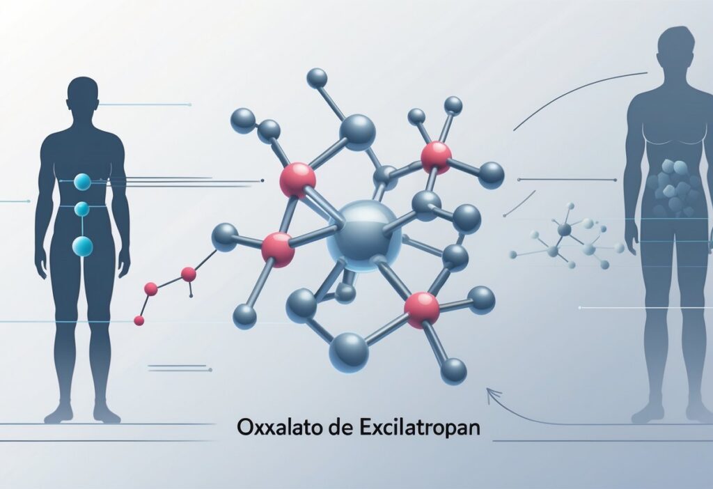Ilustração mostrando a estrutura molecular do oxalato de excilatropan com uma silhueta humana emagrecendo ao fundo.