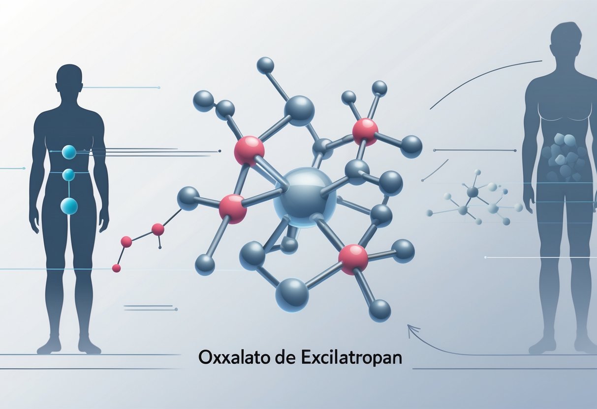 Ilustração mostrando a estrutura molecular do oxalato de excilatropan com uma silhueta humana emagrecendo ao fundo.