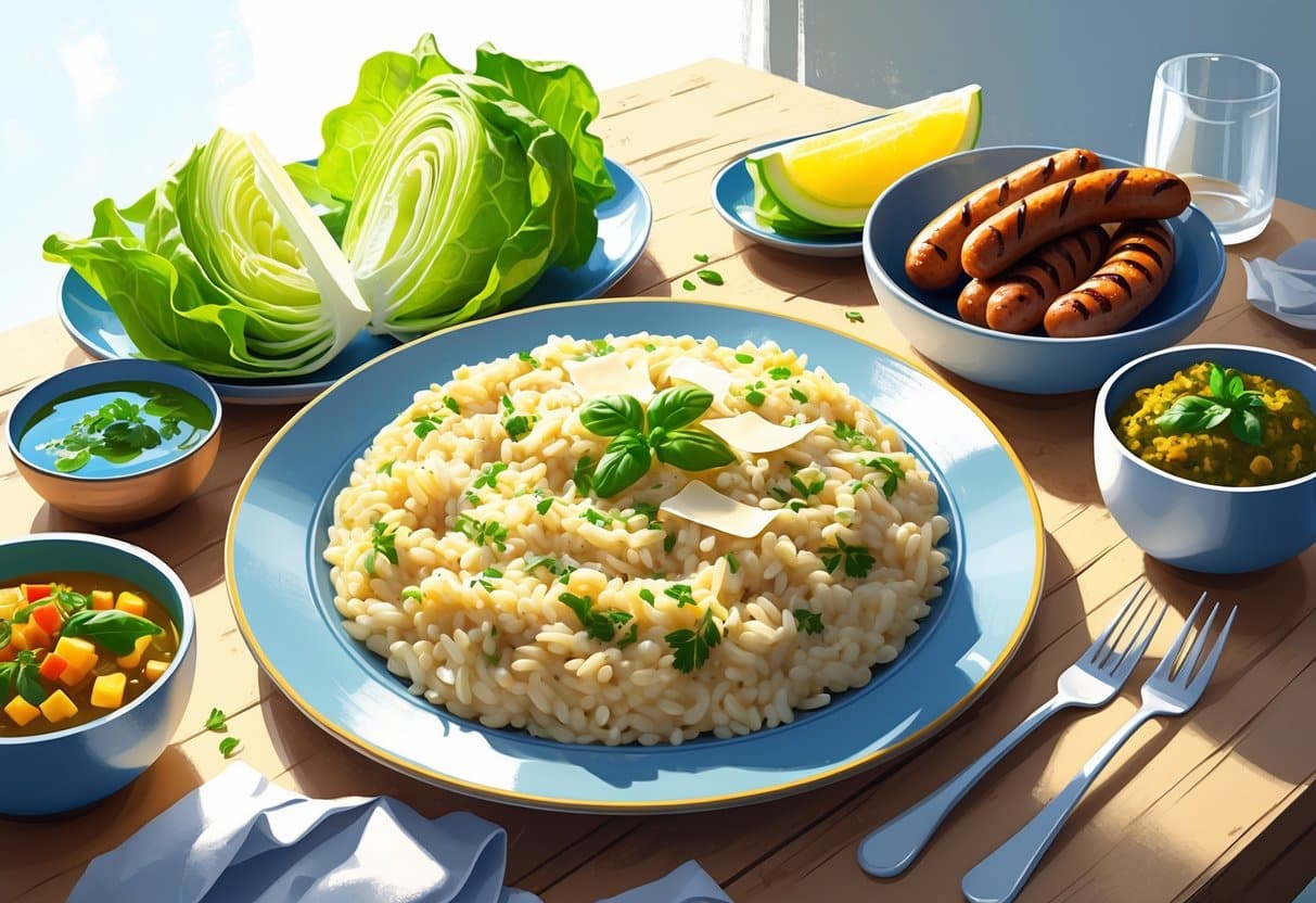 Prato com risoto italiano, alface iceberg, chutney indiano e linguiça italiana em uma mesa de madeira.