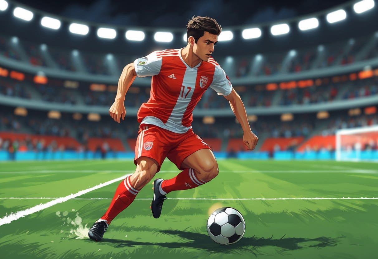 Jogador de futebol masculino driblando a bola em um campo verde com estádio ao fundo.