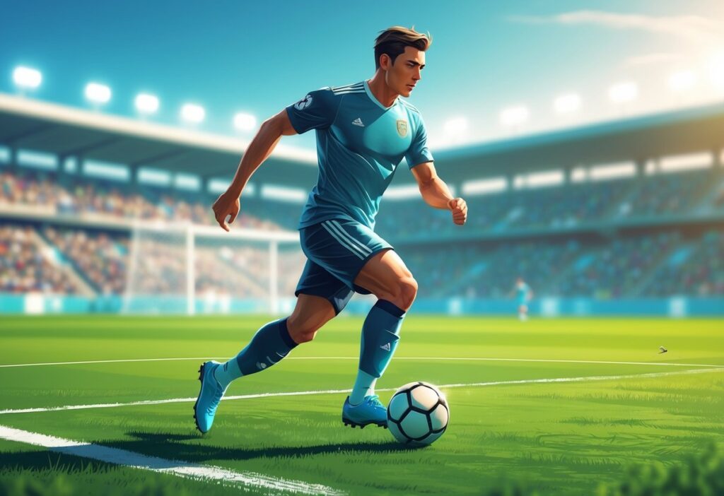 Jogador de futebol masculino em ação controlando a bola em um campo verde com estádio ao fundo.