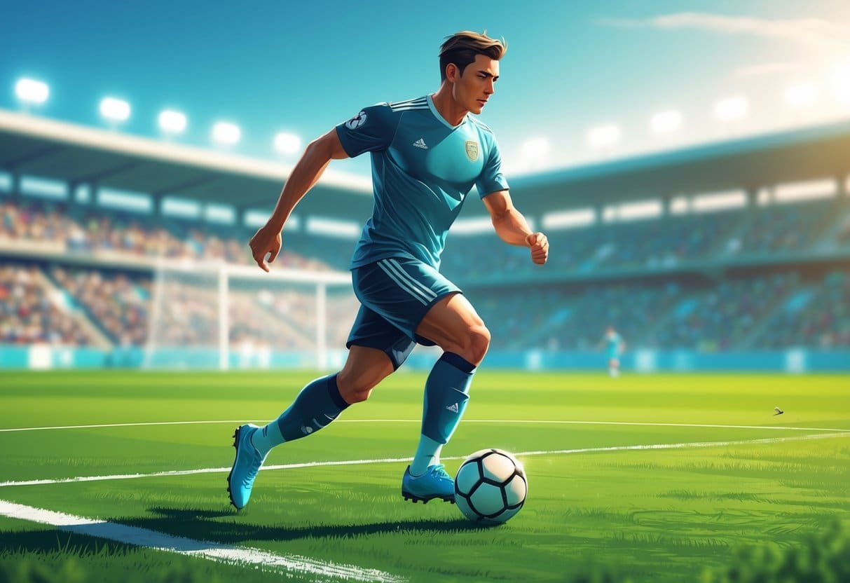 Jogador de futebol masculino em ação controlando a bola em um campo verde com estádio ao fundo.