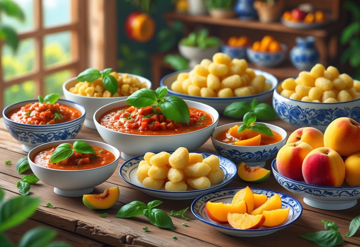 Prato com nhoque ao molho de tomate e uma tigela com nectarinas fatiadas sobre uma mesa de madeira.