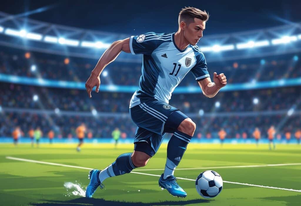 Jogador de futebol correndo em um campo com uniforme esportivo, em ação durante uma partida.