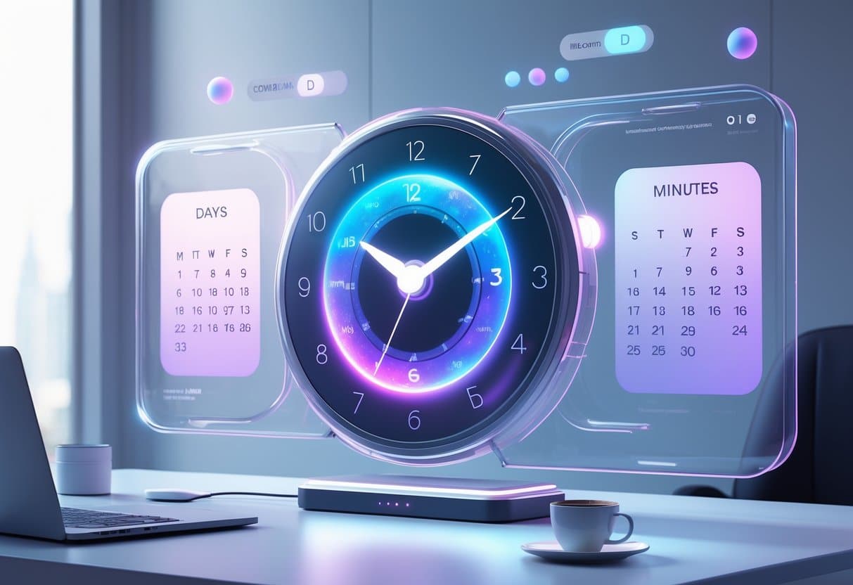 Um relógio digital futurista integrado a uma interface de calendário em um ambiente de trabalho moderno.