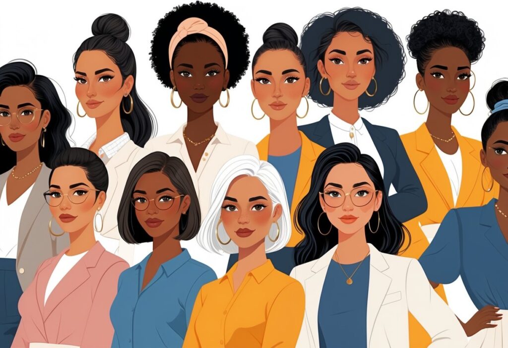 Ilustração de um grupo diverso de personagens femininas com diferentes idades, etnias e estilos, todas em poses confiantes.