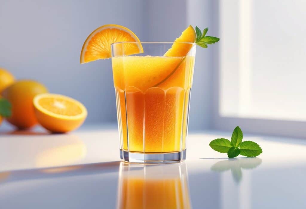 Um copo transparente com uma bebida colorida e fresca, decorado com uma fatia de fruta e um ramo de hortelã.