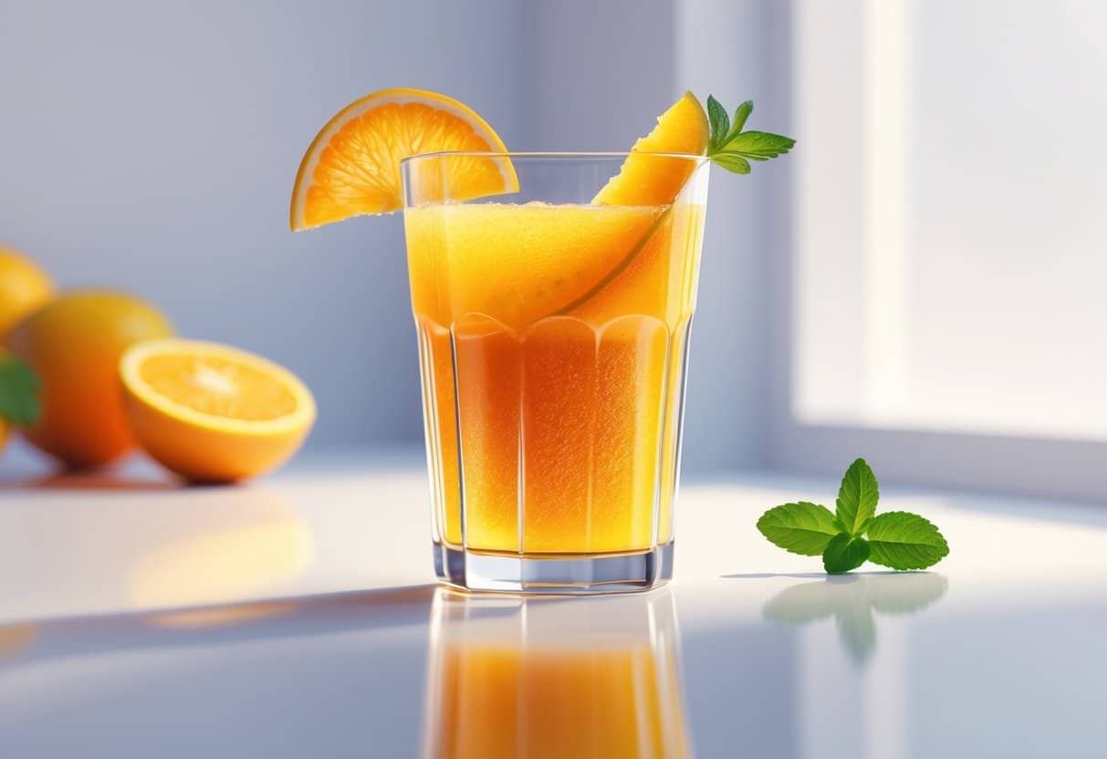 Um copo transparente com uma bebida colorida e fresca, decorado com uma fatia de fruta e um ramo de hortelã.
