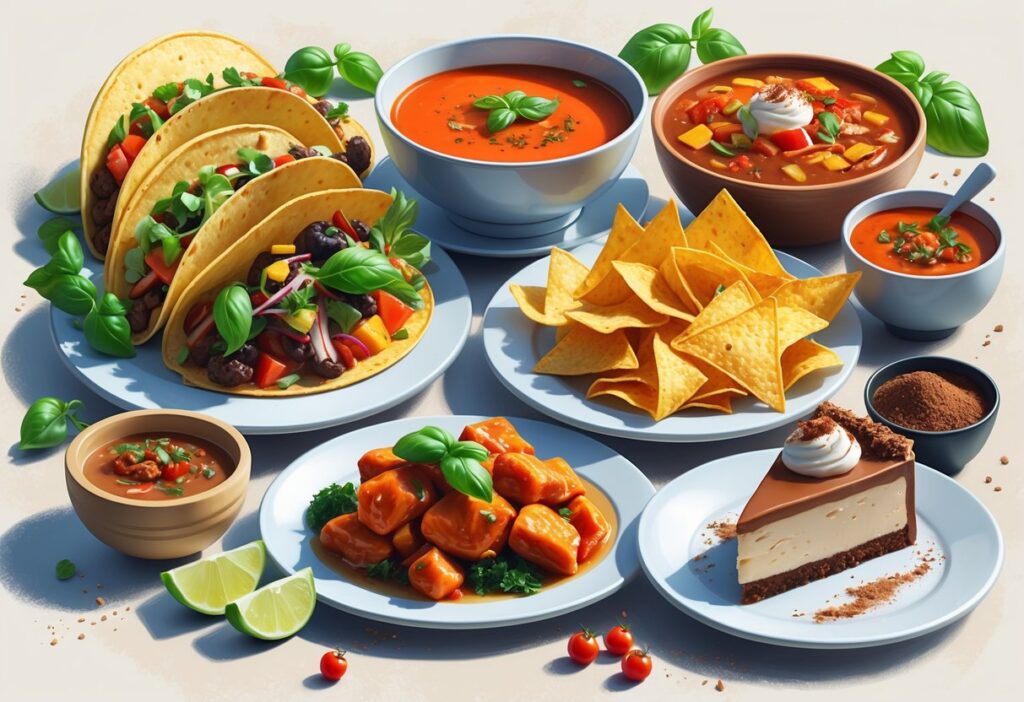Mesa com diversos alimentos que começam com a letra T, incluindo tacos, sopa de tomate, frango teriyaki, chips de tortilla e tiramisu.
