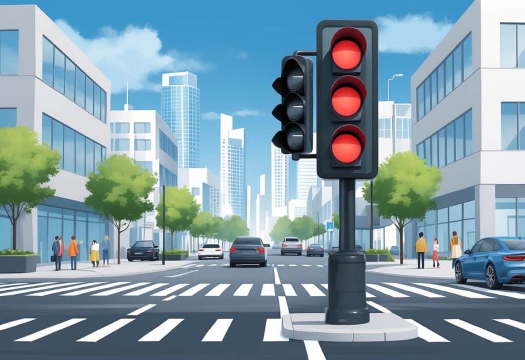 Cena de uma rua urbana movimentada com um semáforo vermelho para pedestres e veículos, pessoas esperando para atravessar e carros parados no cruzamento.