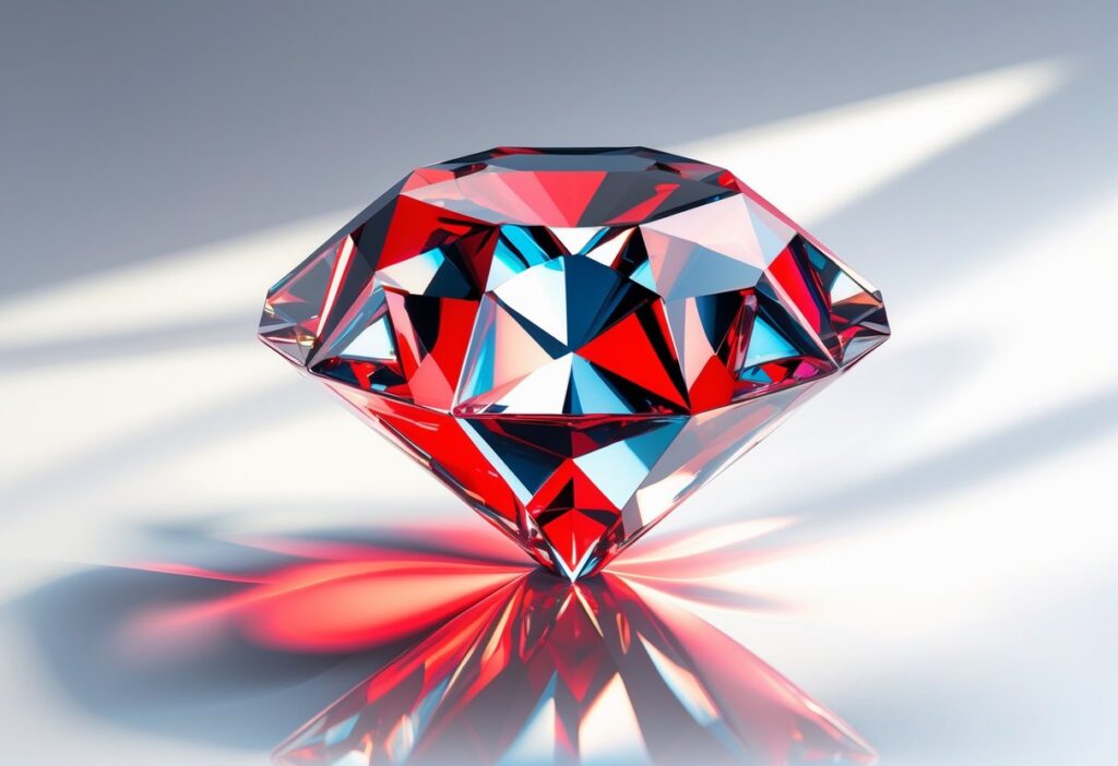 Um diamante brilhante com cores vermelhas e brancas semelhantes às de uma placa de pare, em um fundo limpo.