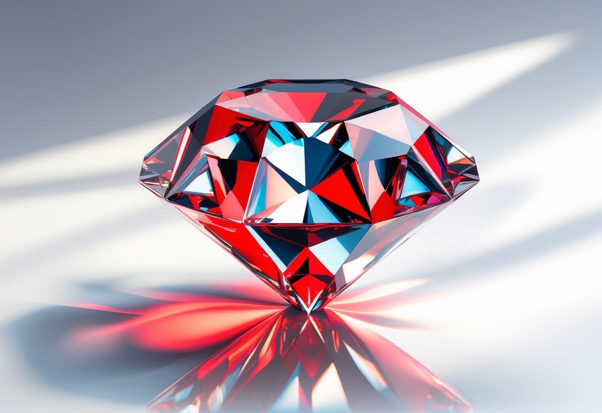 Um diamante brilhante com cores vermelhas e brancas semelhantes às de uma placa de pare, em um fundo limpo.