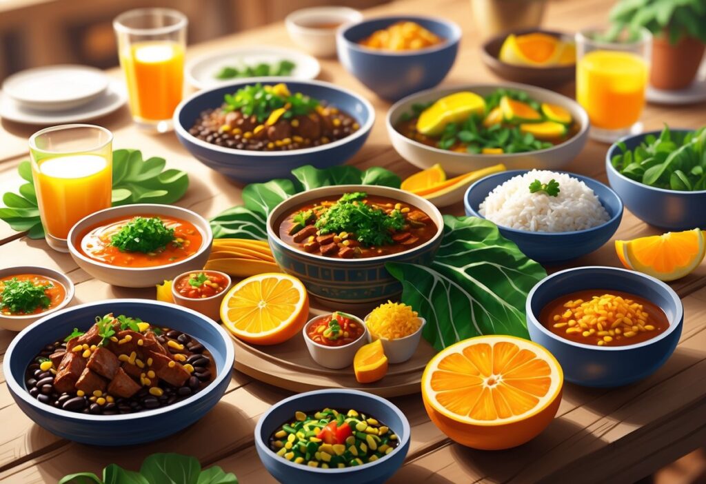 Mesa com uma variedade de pratos tradicionais brasileiros, incluindo feijoada, arroz, couve, farofa e fatias de laranja, acompanhados por um copo de suco.