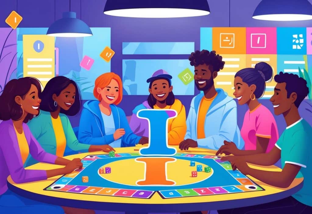 Pessoas jogando um jogo de tabuleiro em uma mesa com peças coloridas e um tabuleiro destacando a letra I.