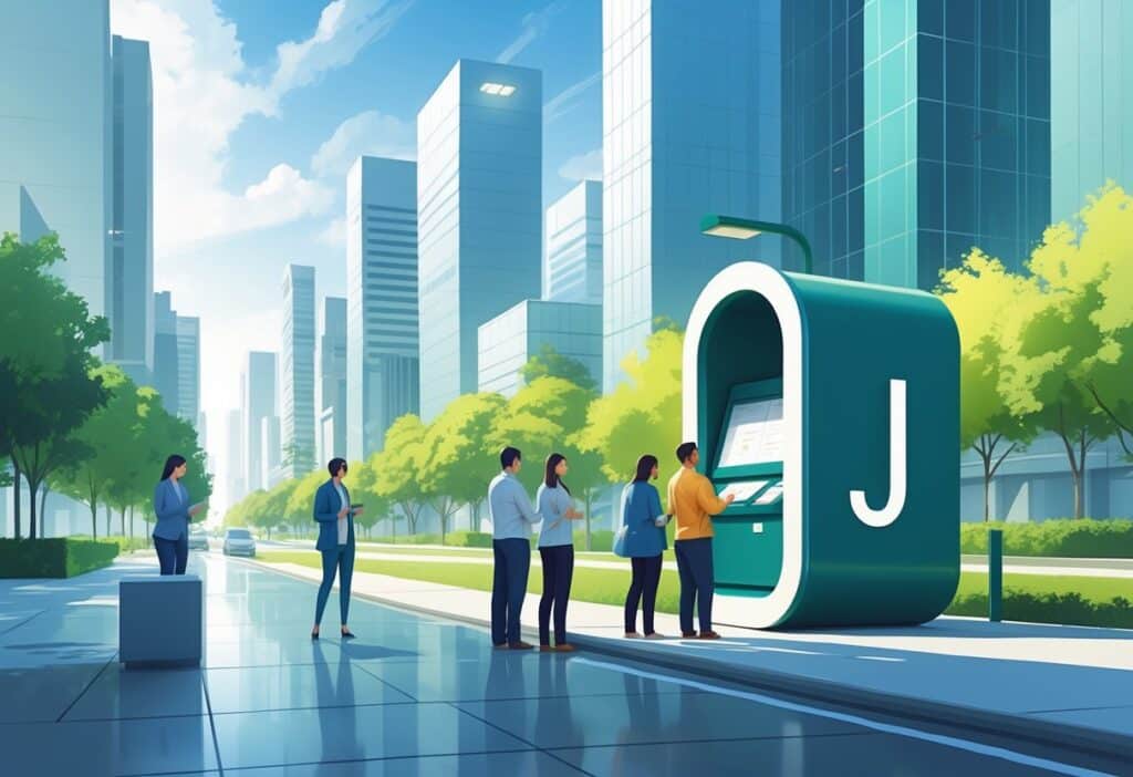Cena urbana moderna com pessoas próximas a uma caixa postal estilizada que incorpora a letra J, cercada por edifícios altos e áreas verdes.