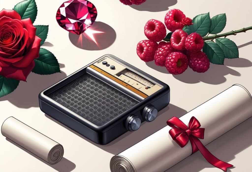 Vários objetos que começam com a letra R, incluindo uma rosa vermelha, uma pedra preciosa rubi, um rádio retrô, framboesas maduras e um pergaminho enrolado, todos organizados sobre um fundo neutro.
