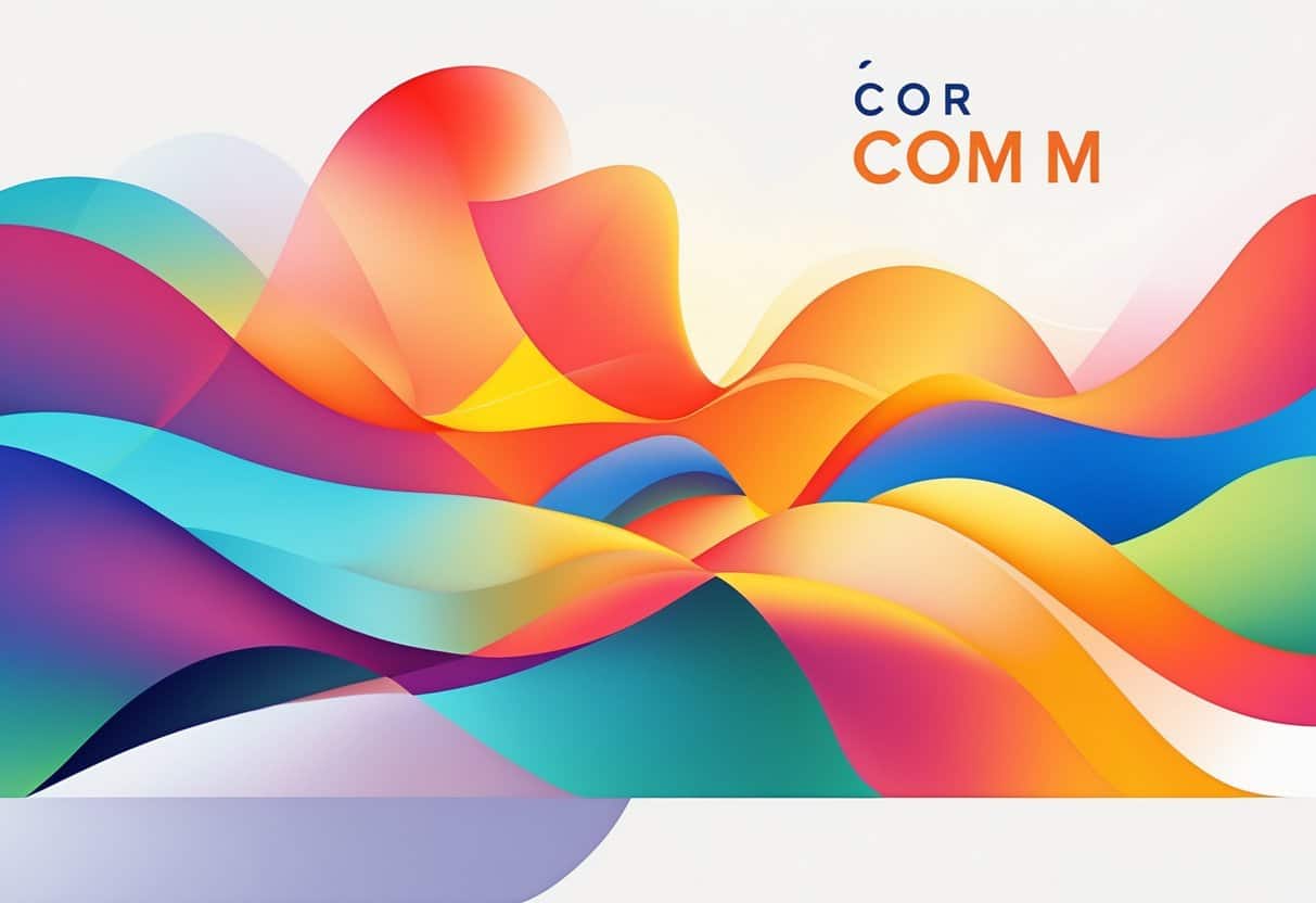 Composição abstrata com formas geométricas coloridas em tons quentes e frios, criando movimento e equilíbrio.