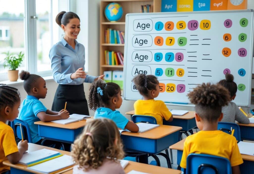 Sala de aula com crianças pequenas e uma professora ensinando uma lição de matemática sobre idade.