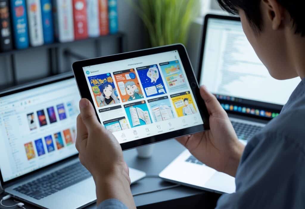 Pessoa usando um tablet para ler mangá em um ambiente de trabalho moderno com livros de mangá ao fundo.