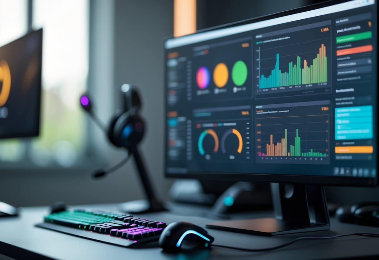 Um ambiente de trabalho moderno com um monitor exibindo gráficos e estatísticas de um jogo de tiro tático, com teclado, mouse e headset de jogos ao redor.
