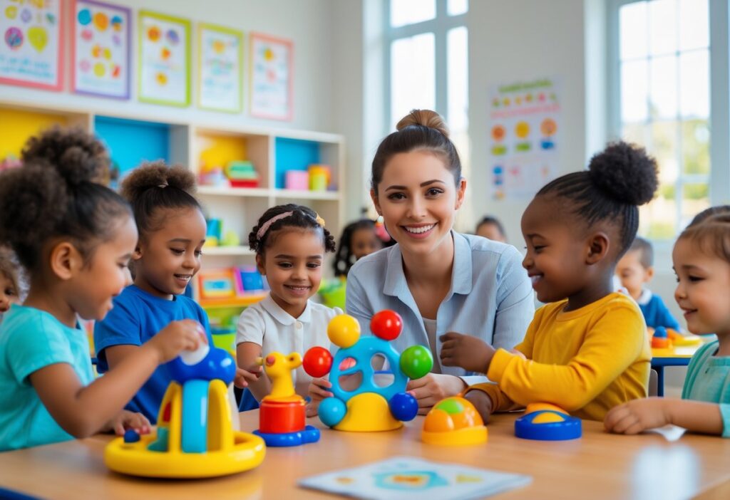 Crianças pequenas brincando e aprendendo em uma sala de aula com uma professora sorridente.