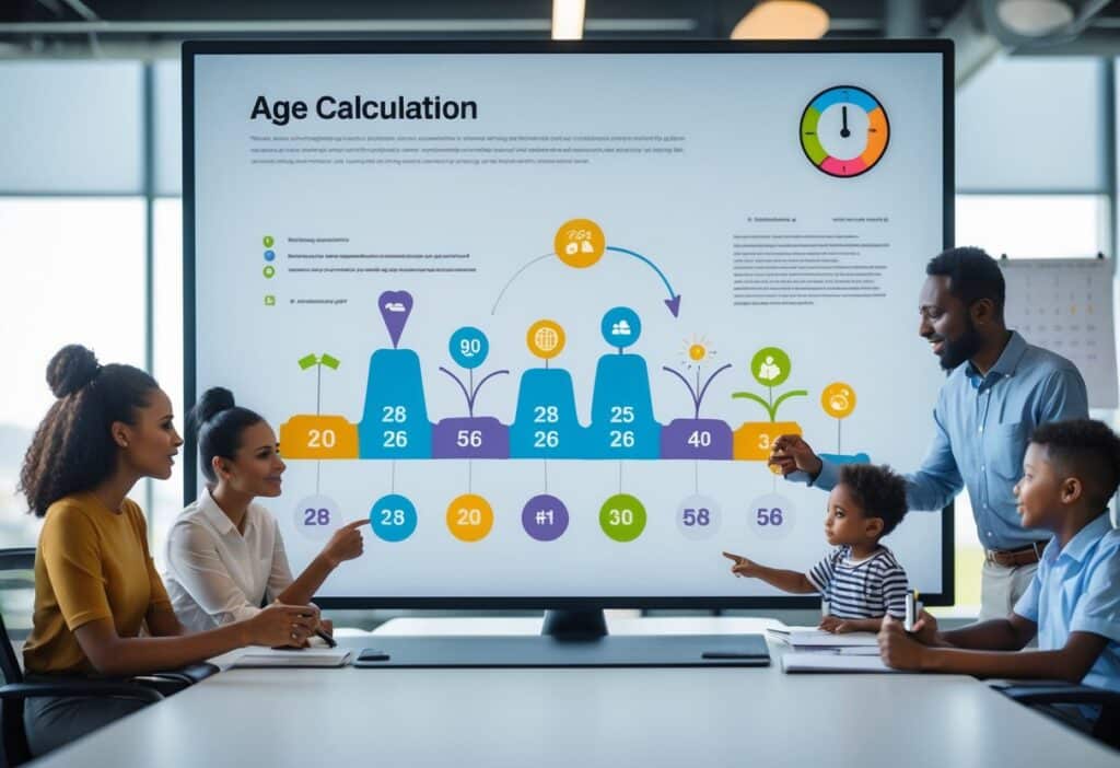 Grupo de pessoas em um escritório moderno observando uma tela digital com gráficos sobre cálculo de idade.