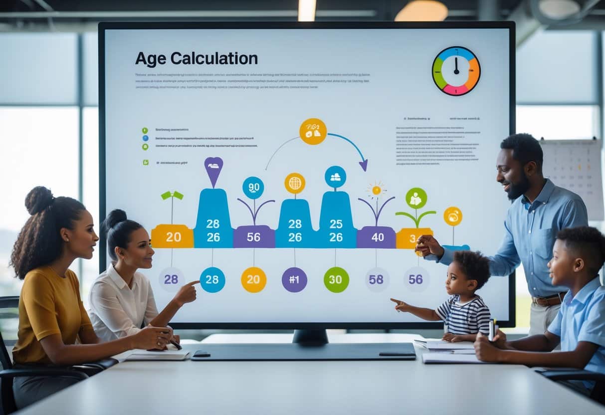 Grupo de pessoas em um escritório moderno observando uma tela digital com gráficos sobre cálculo de idade.