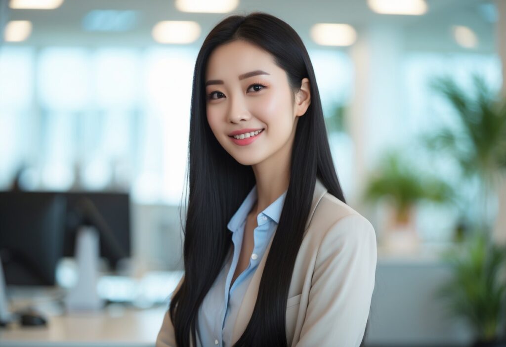 Mulher jovem asiática em um ambiente de escritório moderno, sorrindo e vestindo roupas profissionais.