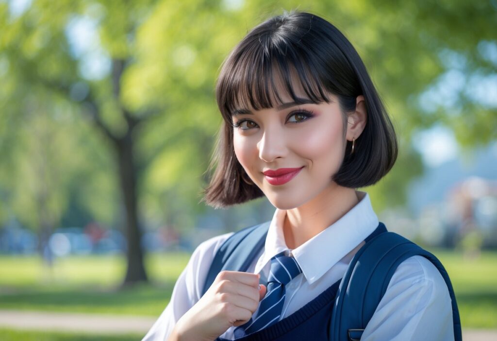 Jovem mulher em uniforme escolar posando ao ar livre em um parque ensolarado, com expressão brincalhona e confiante.
