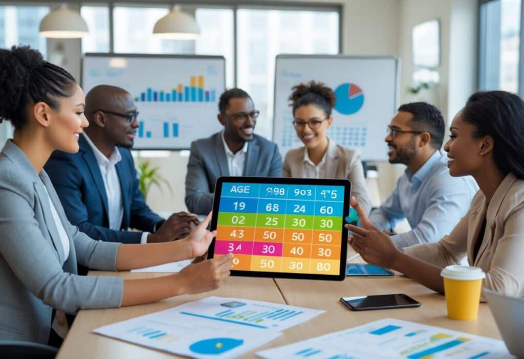 Grupo de pessoas em escritório moderno discutindo e analisando dados em um tablet, com gráficos ao fundo.