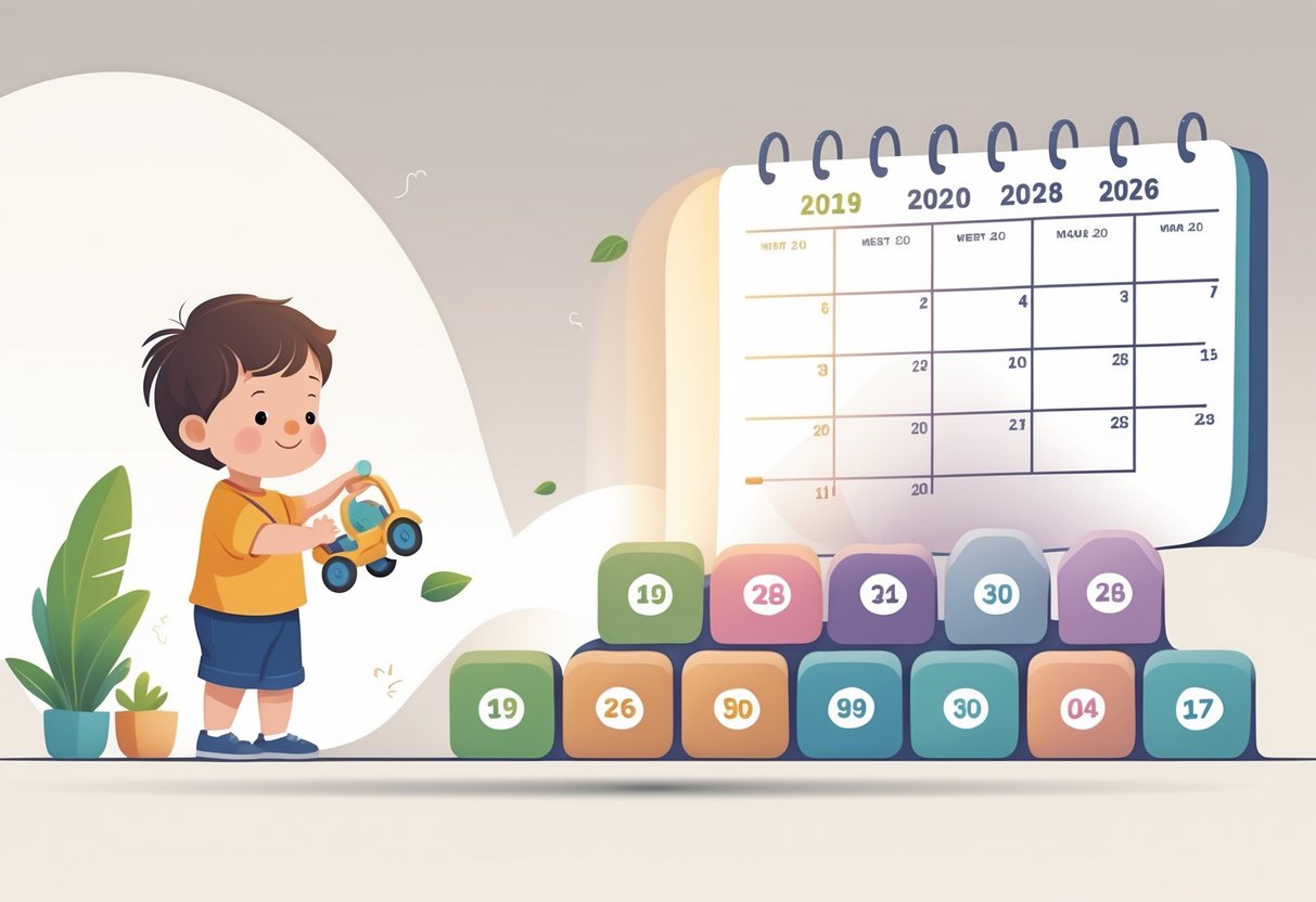 Criança pequena brincando ao lado de uma linha do tempo que mostra a passagem dos anos de 2019 a 2026.