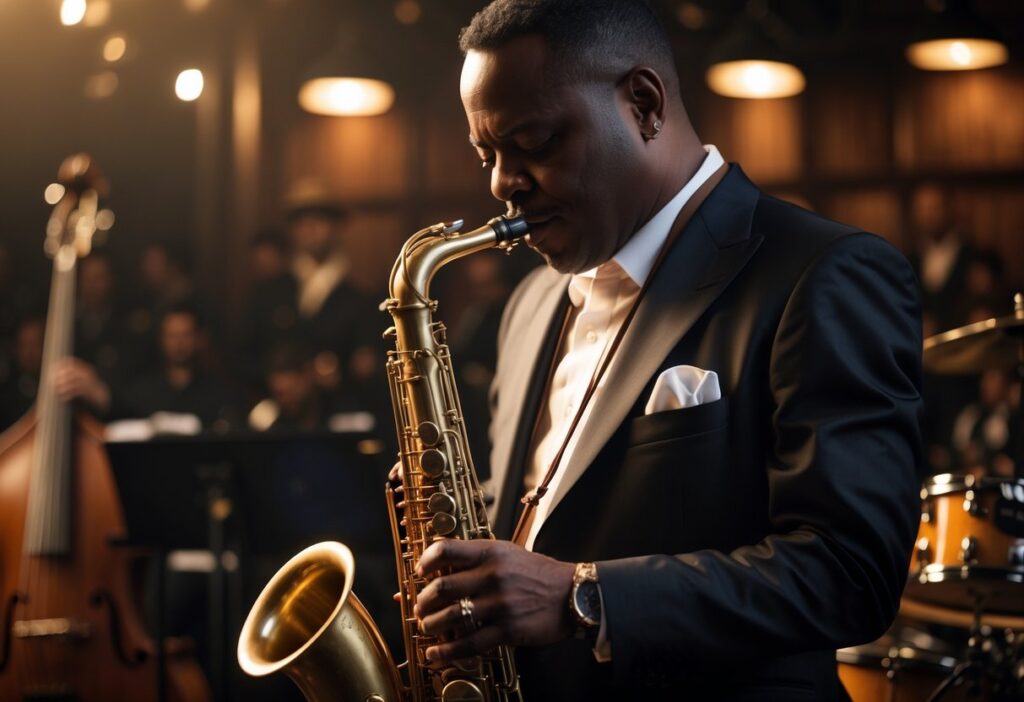 Músico de jazz tocando saxofone em um palco com iluminação suave, acompanhado por uma banda ao fundo.