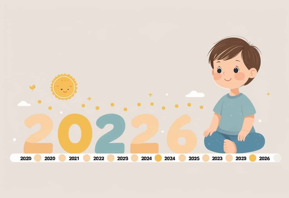 Linha do tempo mostrando um bebê em 2020 e uma criança de seis anos em 2026, ilustrando o crescimento ao longo dos anos.