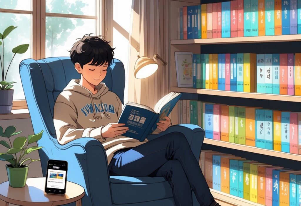 Pessoa sentada em uma poltrona lendo um mangá, com estantes cheias de livros ao redor e um celular sobre a mesa ao lado.