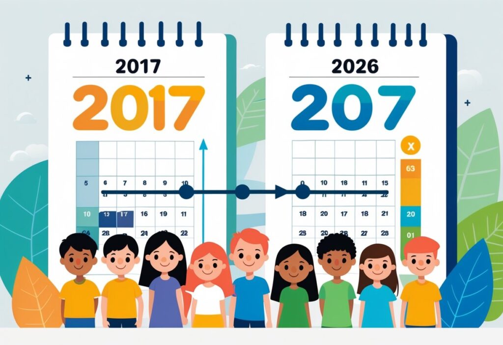 Ilustração mostrando um calendário com os anos 2017 e 2026 conectados por uma linha do tempo, com crianças representando diferentes idades, destacando uma criança nascida em 2017.