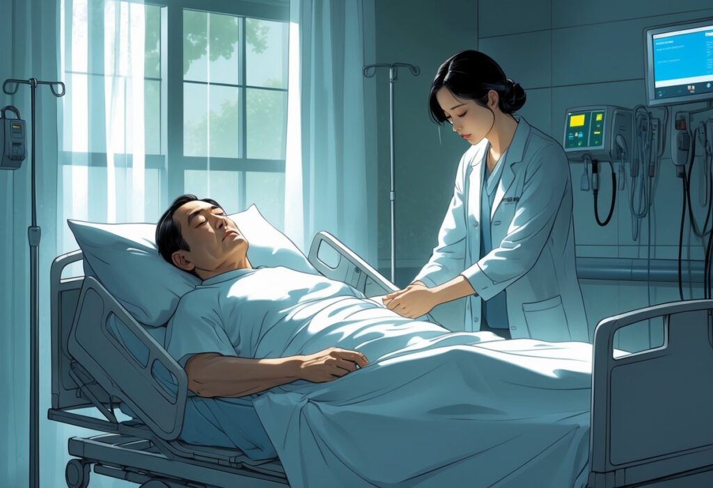 Um homem asiático de meia-idade deitado em uma cama de hospital, com uma pessoa ao lado segurando sua mão em um ambiente tranquilo e respeitoso.