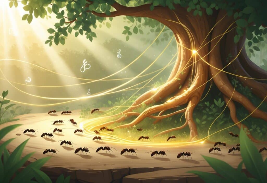 Formigas caminhando sobre raízes de uma árvore antiga com luz suave e símbolos espirituais ao redor, em um ambiente natural e tranquilo.