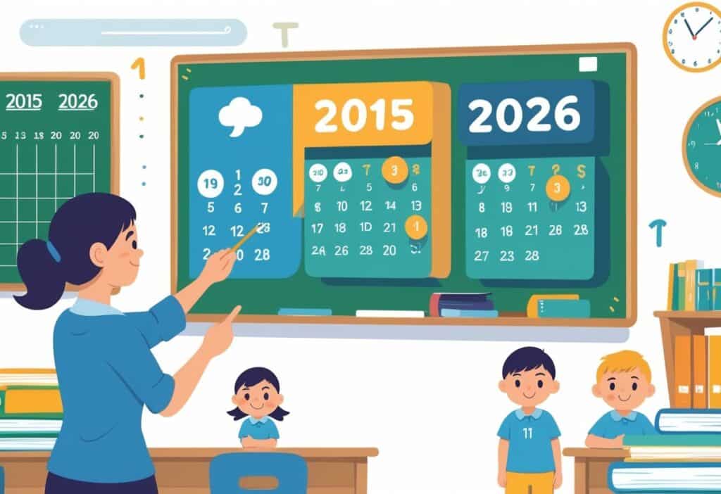 Sala de aula com um professor mostrando um calendário com os anos 2015 e 2026 e uma criança crescendo representando a idade entre esses anos.