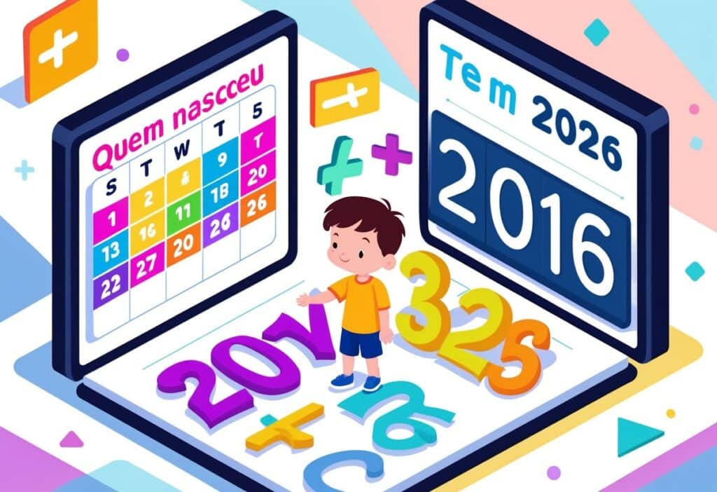 Ilustração mostrando um calendário de 2013 e outro de 2026, com uma criança crescendo entre eles para representar a idade.