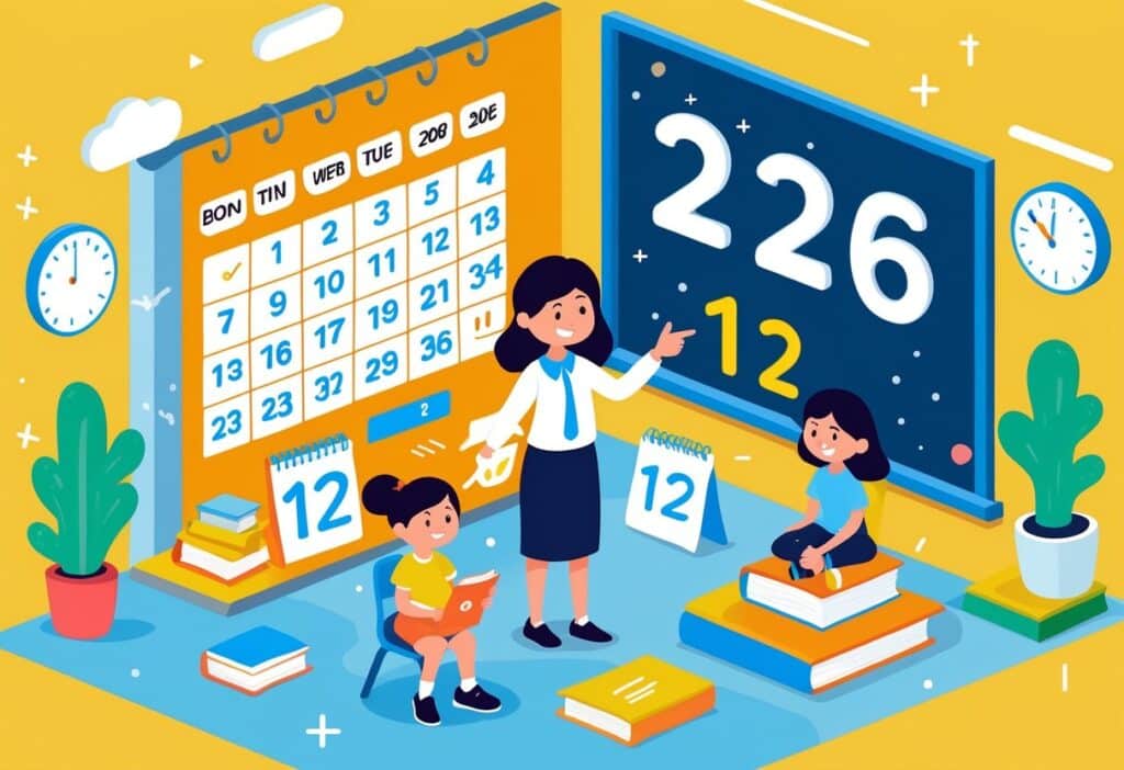 Sala de aula com um calendário mostrando os anos 2014 e 2026, uma professora apontando para uma criança que representa quem nasceu em 2014 e outra criança com o número 12 acima para indicar a idade.