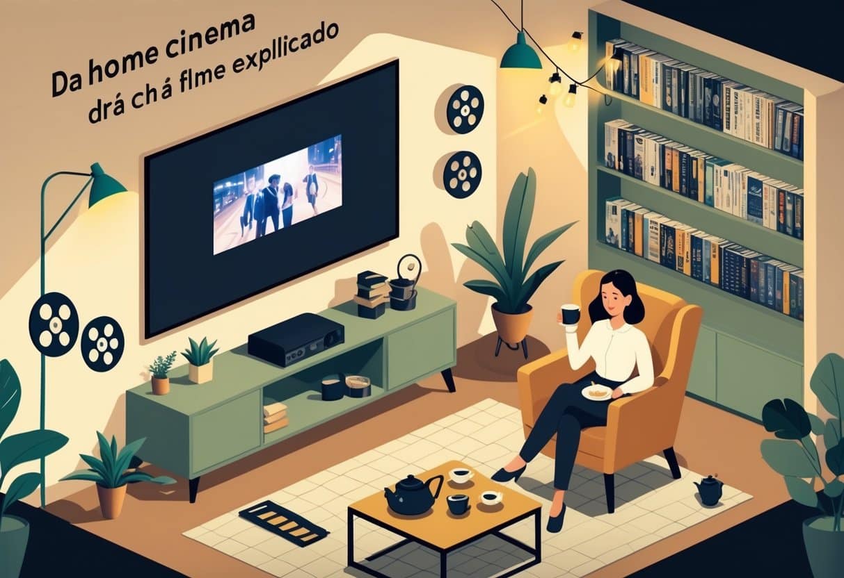 Cena de uma sala de estar aconchegante com uma mulher sentada em uma poltrona, assistindo a um filme na TV, com elementos relacionados a filmes ao redor e uma mesa com chá.