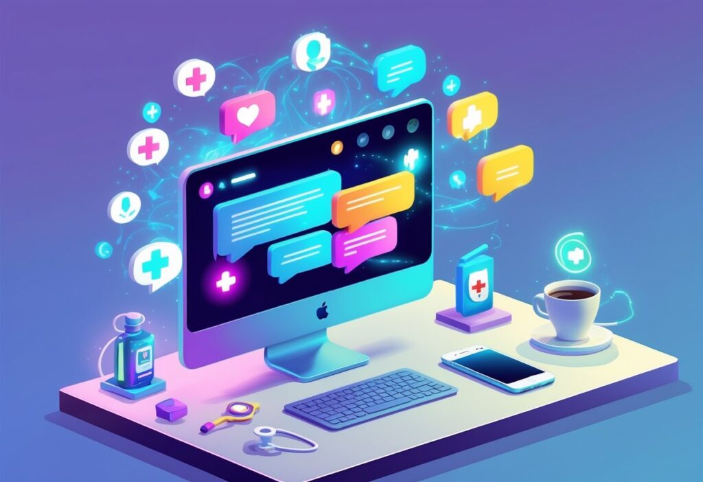 Um ambiente de trabalho digital com um computador mostrando uma interface de chat e ícones médicos flutuantes, representando uma conexão entre tecnologia e fantasia.