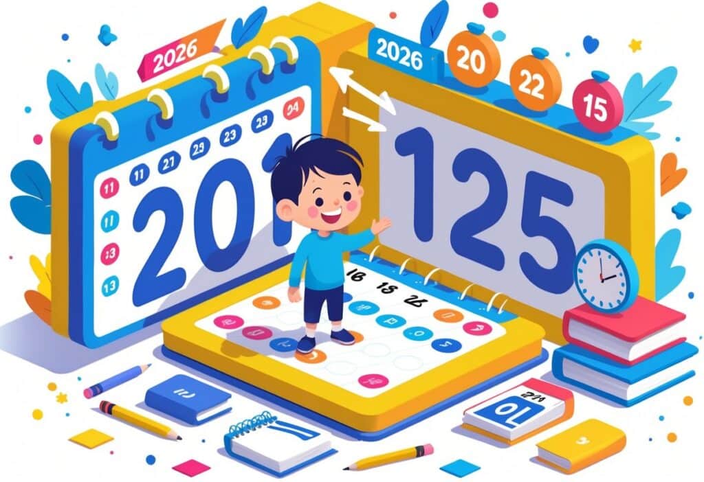 Criança ao lado de calendários de 2011 e 2026 com números flutuantes mostrando o cálculo da idade.