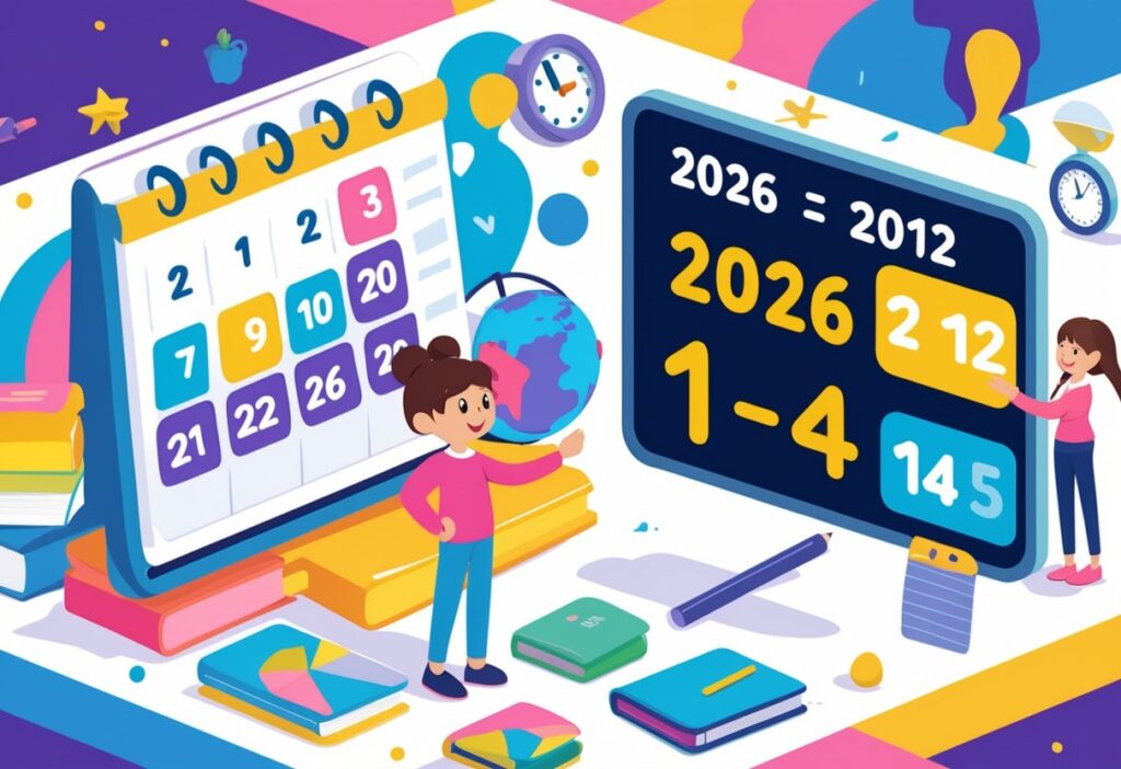 Cena de uma sala de aula com uma criança e um professor ao lado de um calendário mostrando os anos 2012 e 2026, com uma equação simples de subtração representando o cálculo da idade.