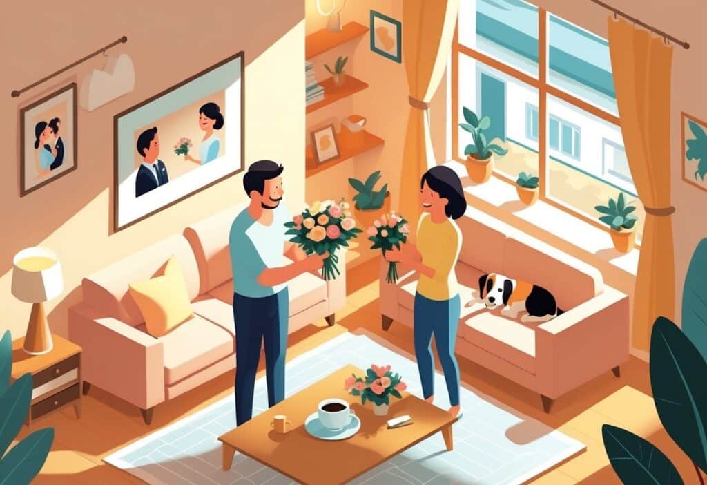 Um marido oferecendo flores para sua esposa em uma sala de estar aconchegante, transmitindo amor e fidelidade.