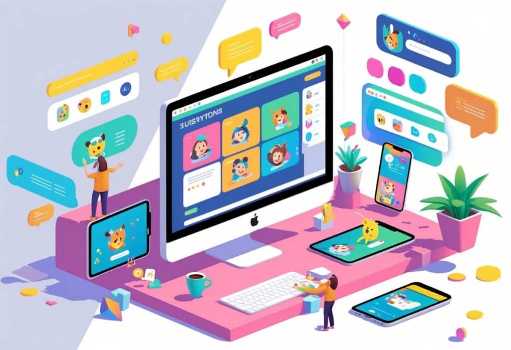 Ilustração de um ambiente digital com um computador mostrando personagens de desenhos animados coloridos e figuras interagindo com dispositivos eletrônicos em um espaço alegre e criativo.