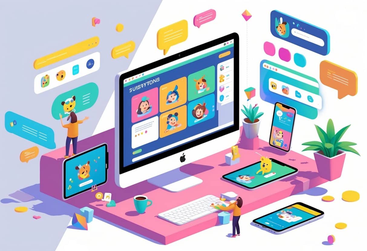 Ilustração de um ambiente digital com um computador mostrando personagens de desenhos animados coloridos e figuras interagindo com dispositivos eletrônicos em um espaço alegre e criativo.